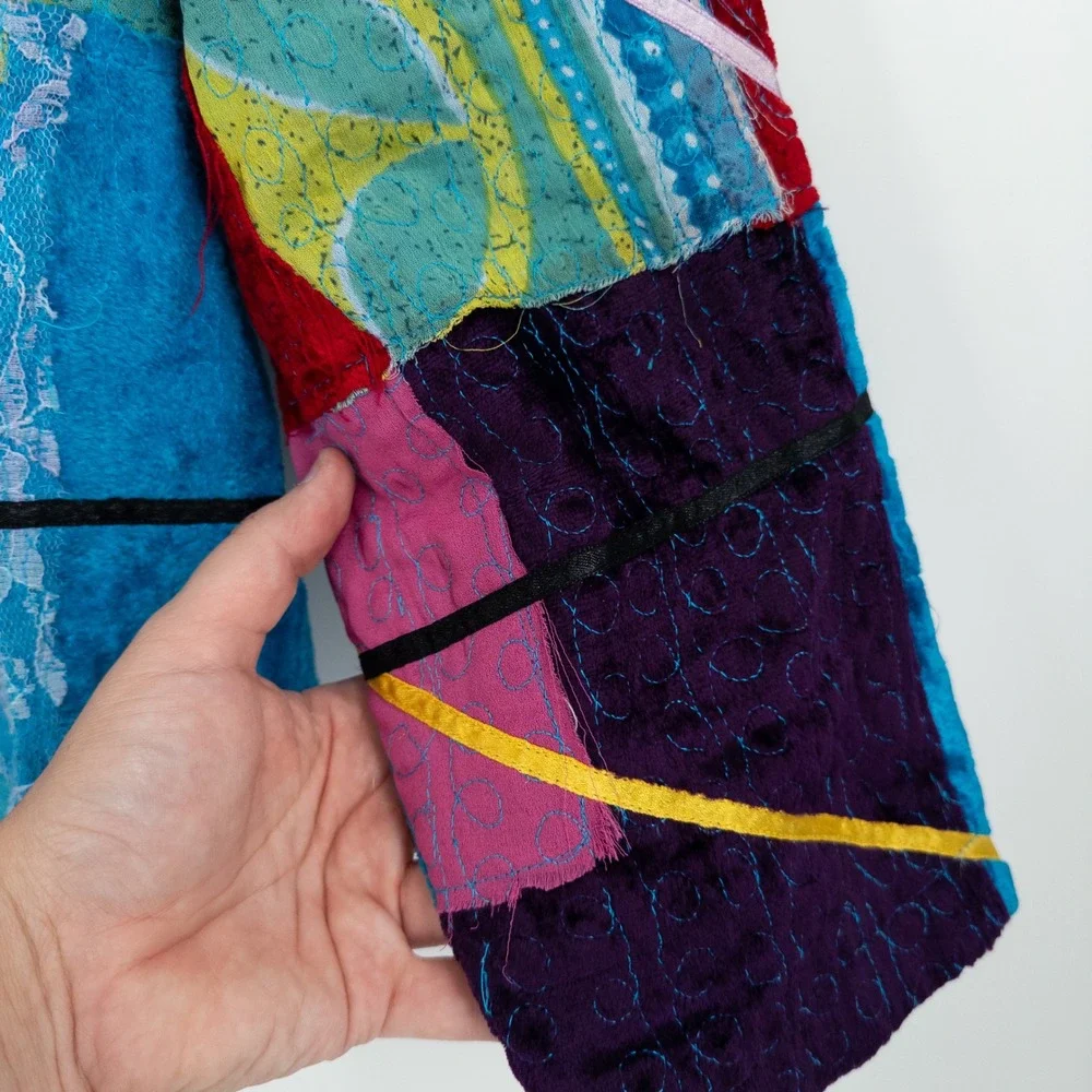 Colorful Patchwork Jacket Womens 1X Art to Wear‎ Lace Velvet Maximalist 90s Boho
